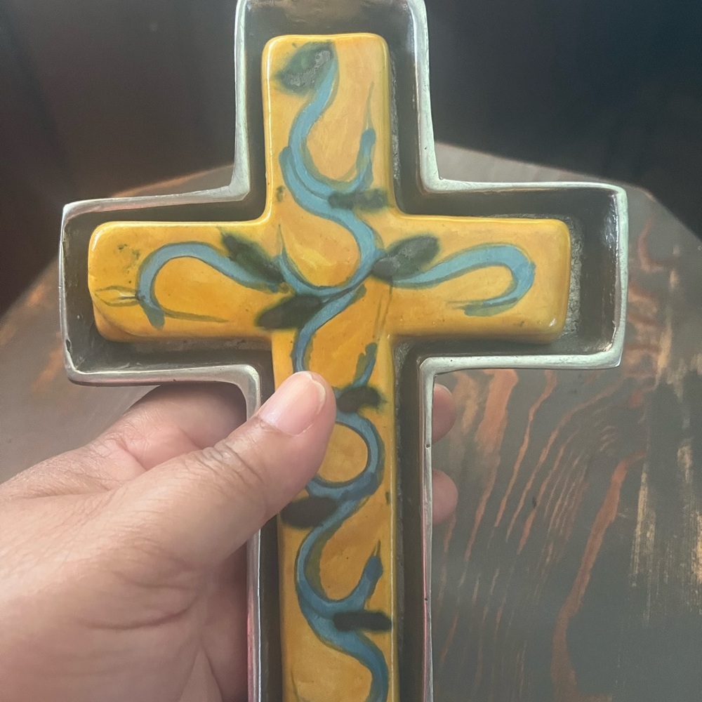 Cross Crucifix Ceramic Encased Silver Hand Painted Quality Made Hanging Hook 8”